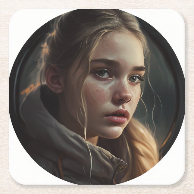 Circle girl square paper coaster (Front)