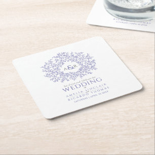 Circle leaf drawing monogram wedding very peri square paper coaster
