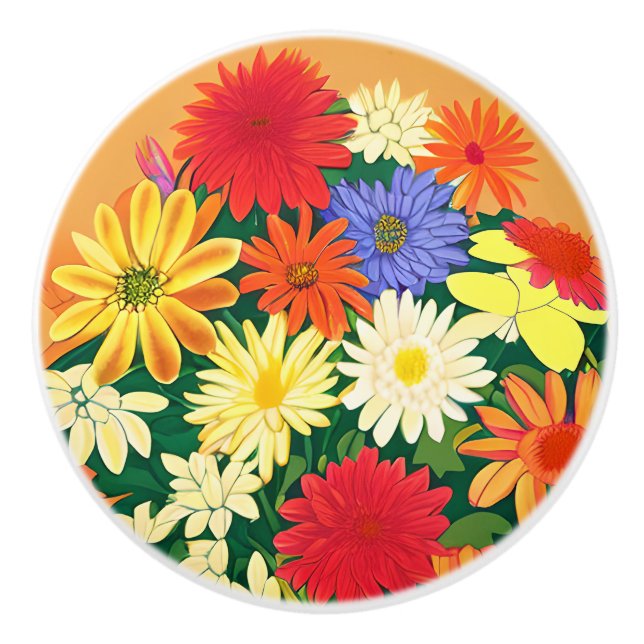 Circle of Flowers, Coloured Daisies and Asters Ceramic Knob (Front)