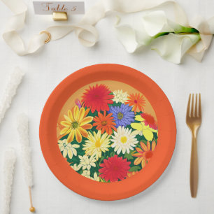 Circle of Flowers, Coloured Daisies and Asters Paper Plate