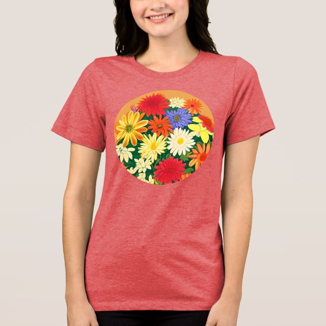 Circle of Flowers, Coloured Daisies and Asters Tri-Blend Shirt (Front)