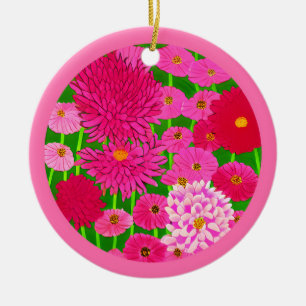 Circle of Flowers, Fuchsia Pink Chrysanthemums Ceramic Tree Decoration