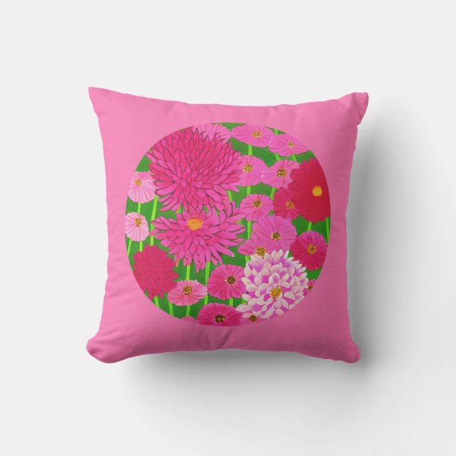 Circle of Flowers, Fuchsia Pink Chrysanthemums  Cushion (Front)