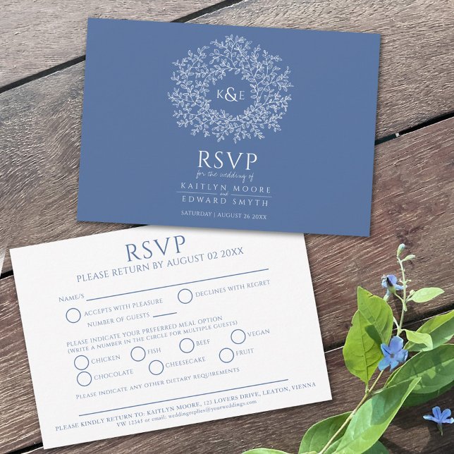 Circle of leaves blue white meal option wedding RSVP card (Creator Uploaded)