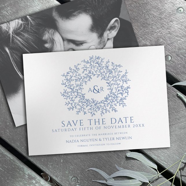 Circle of leaves classic blue white photo wedding save the date (Creator Uploaded)
