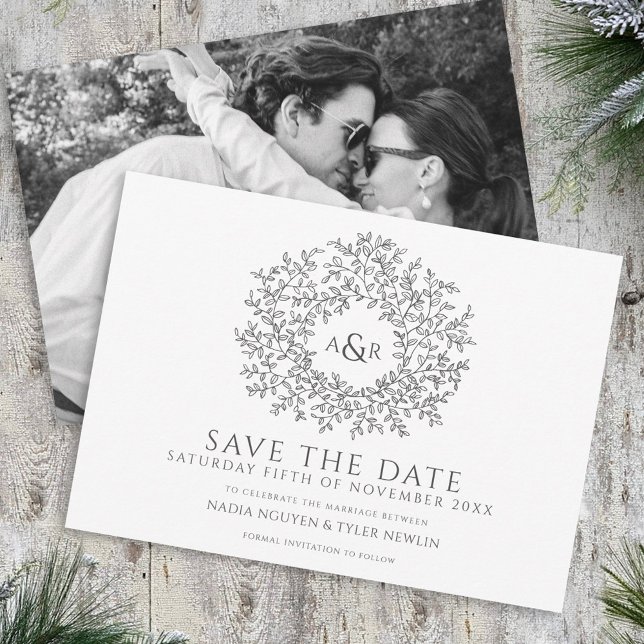 Circle of leaves grey white photo wedding save the date (Creator Uploaded)