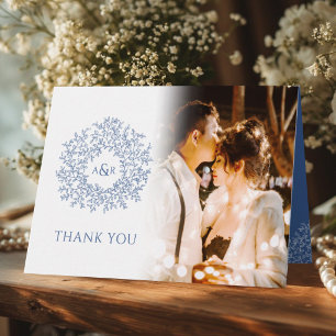 Circle of leaves monogram blue wedding photos thank you card