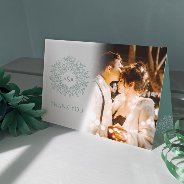Circle of leaves monogram green wedding photos thank you card (Creator Uploaded)