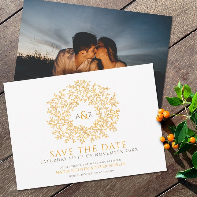 Circle of leaves orange brown white photo wedding save the date (Creator Uploaded)