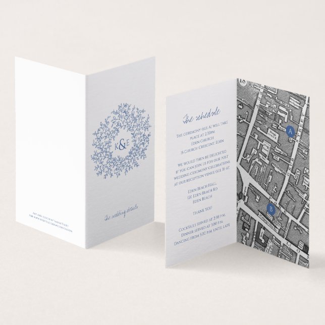 Circle of leaves white blue wedding directions (Inside and Outside)