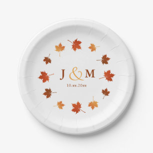 circle of maple leaves rustic fall wedding paper plate