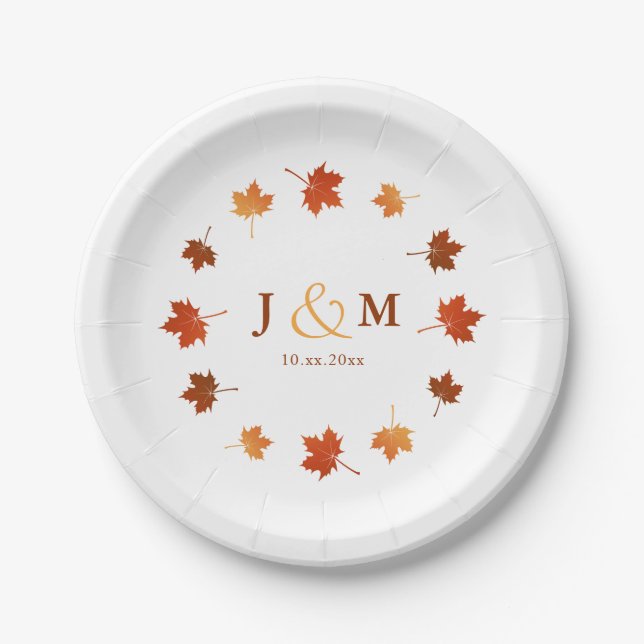 circle of maple leaves rustic fall wedding paper plate (Front)