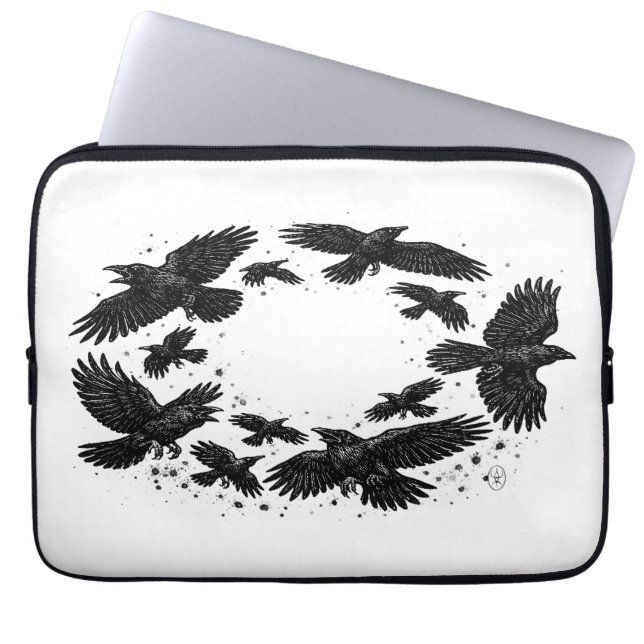 Circle of Ravens – Haunted Ink Illustration Laptop Sleeve (Front)