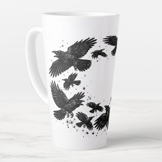 Circle of Ravens – Haunted Ink Illustration Latte Mug (Left Angle)