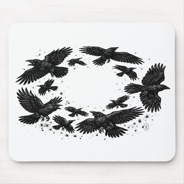 Circle of Ravens – Haunted Ink Illustration Mouse Pad (Front)