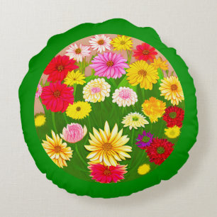 Circle of Wild Flowers, Red and Yellow Round Cushion