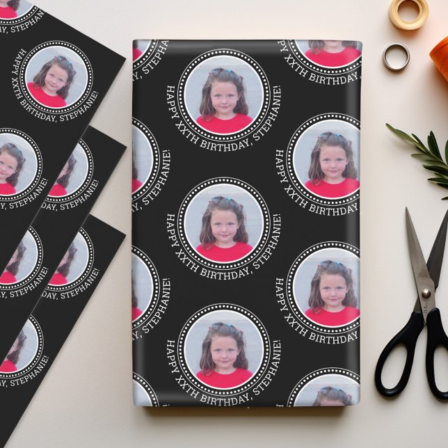 Circle One Photo Happy Birthday Greeting - Black Wrapping Paper Sheet (Personalized Wrapping Paper - add photos to this festive holiday design)