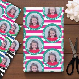 Circle One Photo Happy Birthday Greeting - Stripes Wrapping Paper Sheet