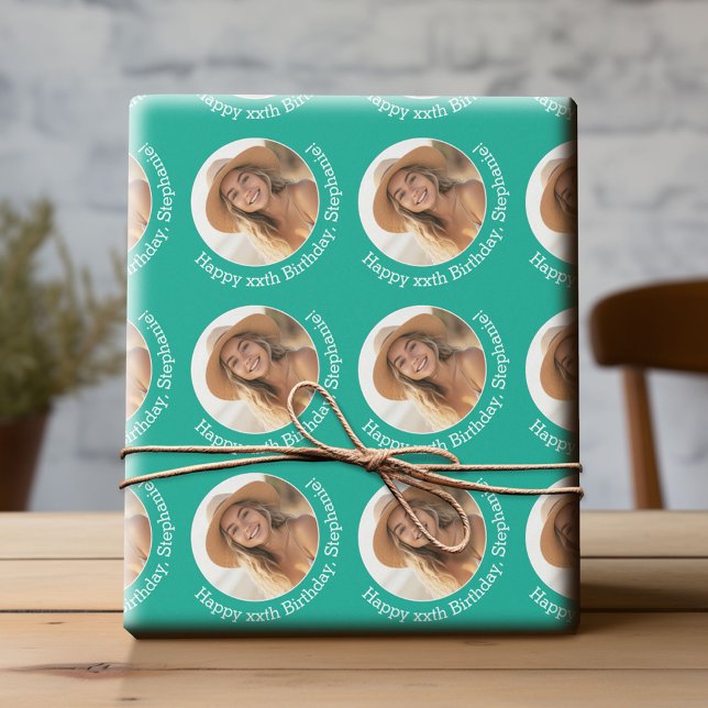 Circle One Photo with Birthday Greeting Emerald Wrapping Paper (Custom Birthday Wrapping Paper with Photo)