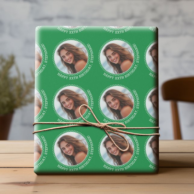 Circle One Photo with Birthday Greeting - Green Wrapping Paper (Custom Birthday Wrapping Paper with Photo)