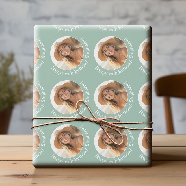 Circle One Photo with Birthday Greeting - Mint Wrapping Paper (Custom Birthday Wrapping Paper with Photo)