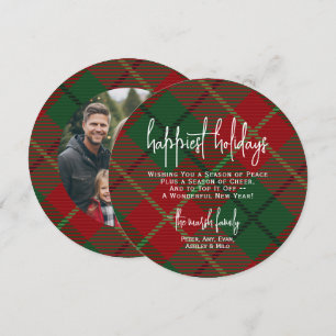 Circle Photo Back - Red Green Plaid - Happiest Holiday Card