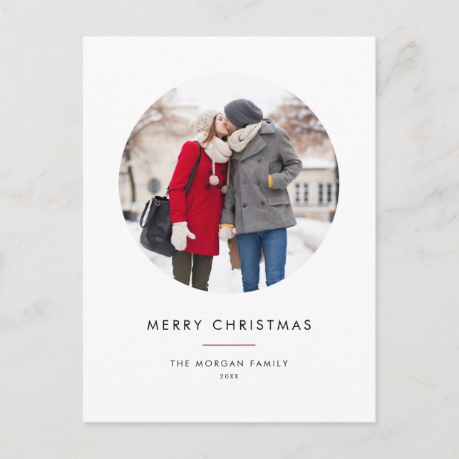 Circle Photo Red Minimalist Merry Christmas Holiday Postcard (Front)