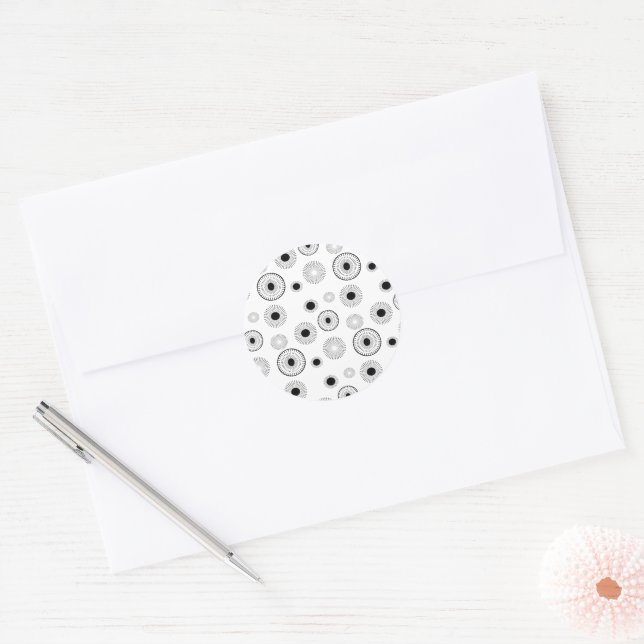 Circle Starburts Pattern- Black & White Classic Round Sticker (Envelope)