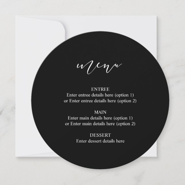 Circle Wedding Plate Menu Black Calligraphy (Front)