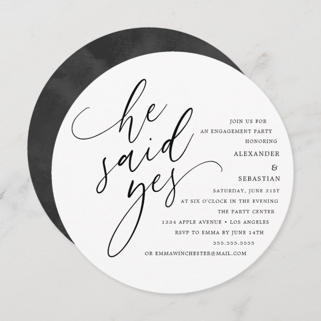 Circle White Script He Said Yes Engagement Party Invitation (Front/Back)