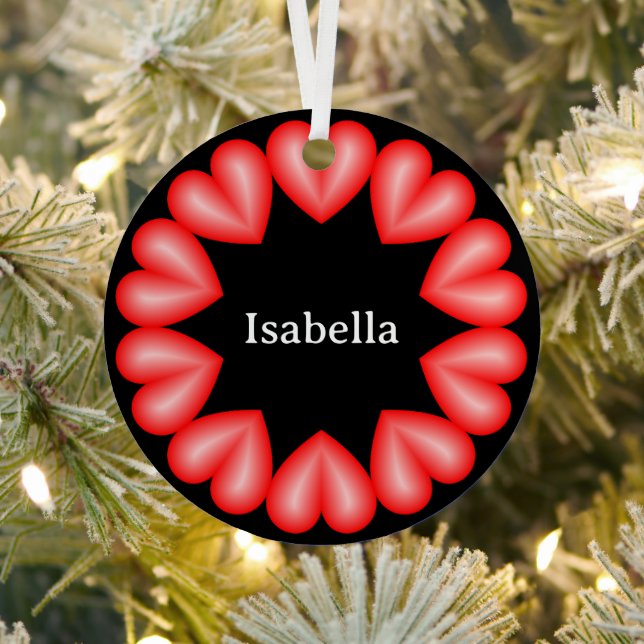 Circle with hearts and customisable name metal tree decoration (Insitu)