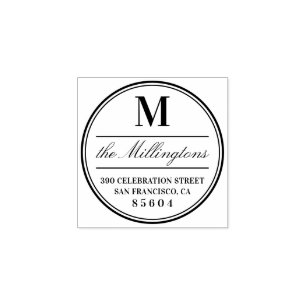 Circled Monogram Family Name Script Return Address Rubber Stamp