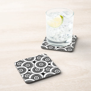 Circles and rings geometric black and white patter coaster