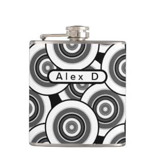 Circles and rings geometric black and white patter hip flask