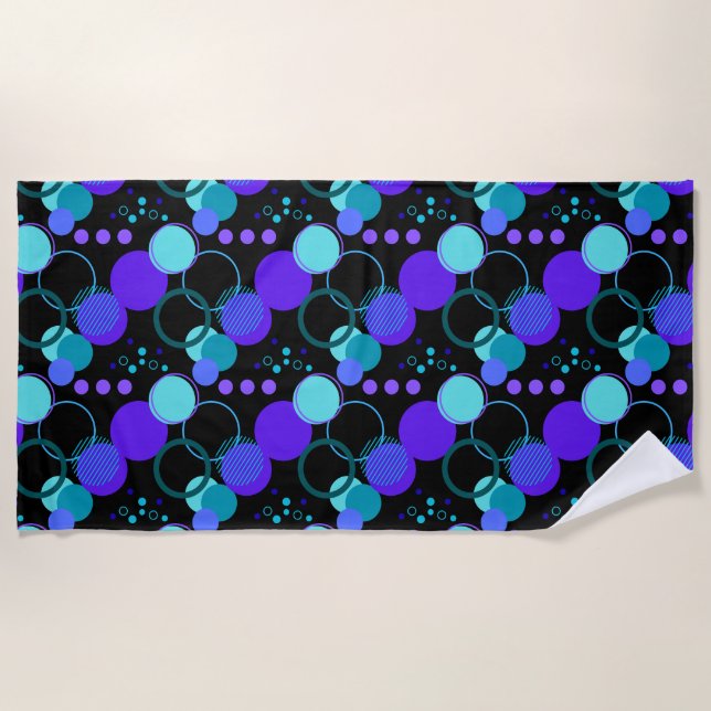 Circles and Round Shapes Pattern in Black Beach Towel (Front)