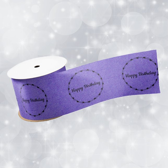 Circles Black Barbed Wire Happy Birthday on Purple Satin Ribbon (Circles of black barbed wire on dark Gothic purple on Happy Birthday gift wrap ribbon.)