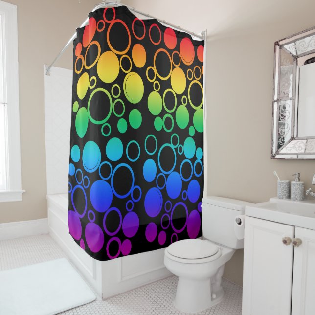 Circles, Bubbles, Rainbow colours, black backgroun Shower Curtain (In Situ)