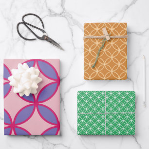 Circles diamonds flowers pattern Set of 3 Wrapping Paper Sheet