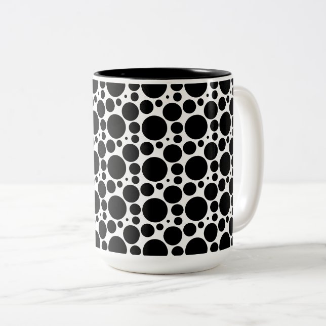 Circles & Dots in 7 Sizes: Repeating Black & White Two-Tone Coffee Mug (Front Right)