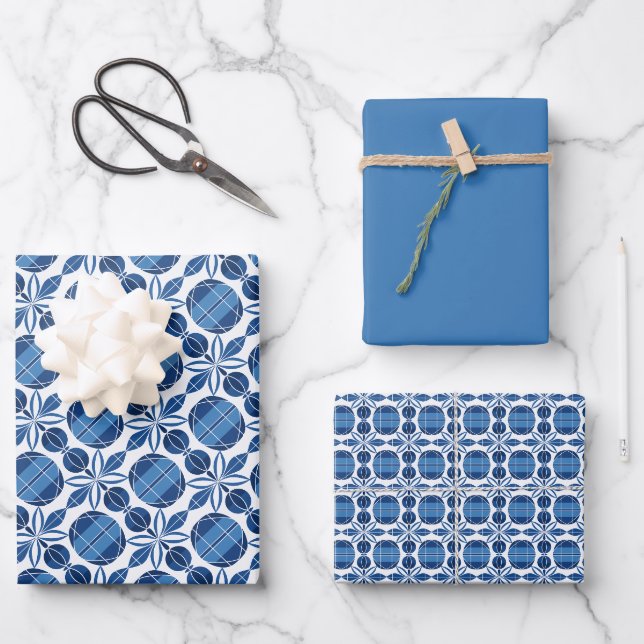 Circles & Flower Pattern – Shades of Blue Wrapping Paper Sheet (Front)