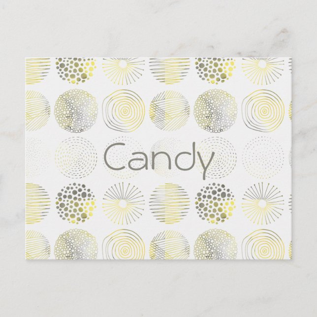 Circles, hand drawn, spirals, dots, yellow, brown postcard (Front)