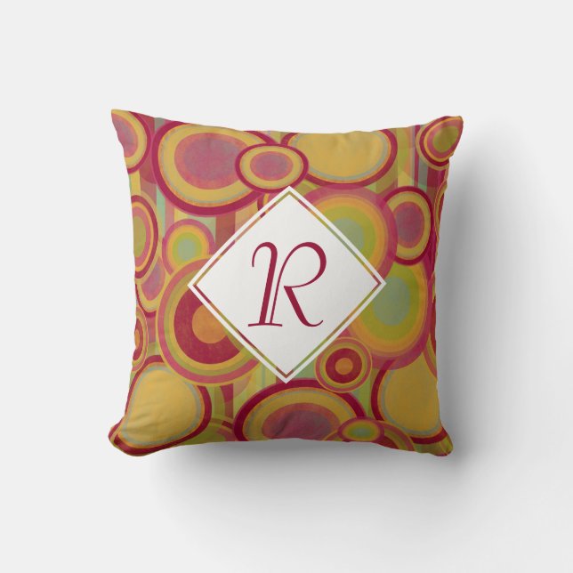 Circles & Stripes, Red, Yellow & Green Monogram Cushion (Front)
