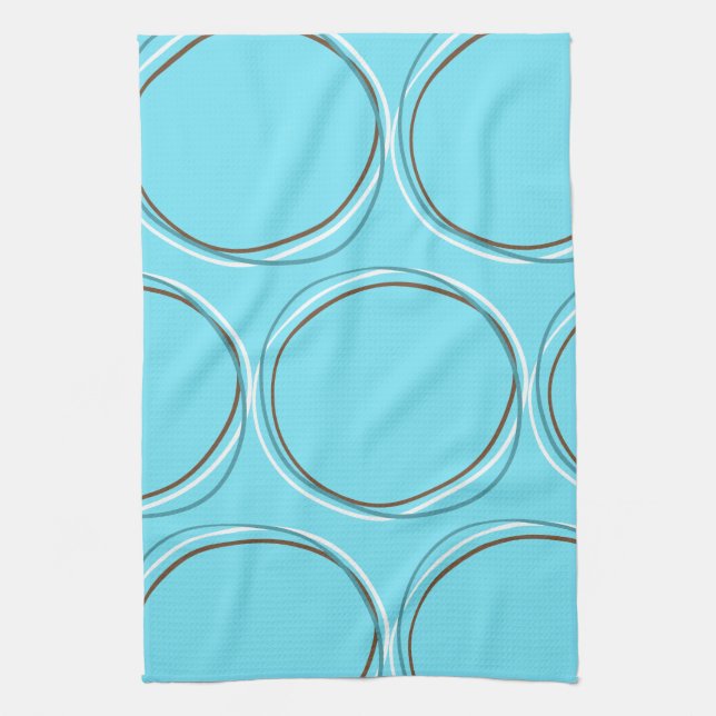 Circles Turquoise White Brown hand drawn Tea Towel (Vertical)