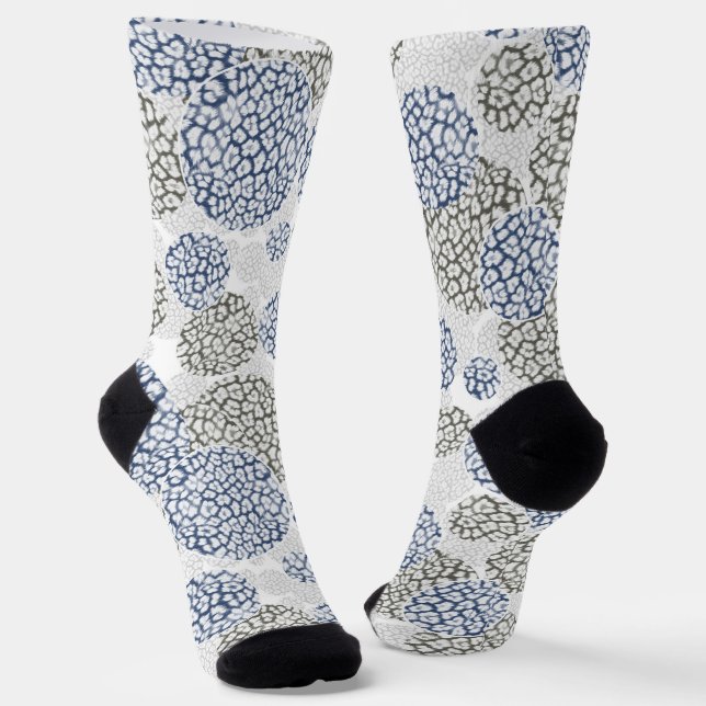 Circles with grey and blue leopard skin print  socks (Angled)
