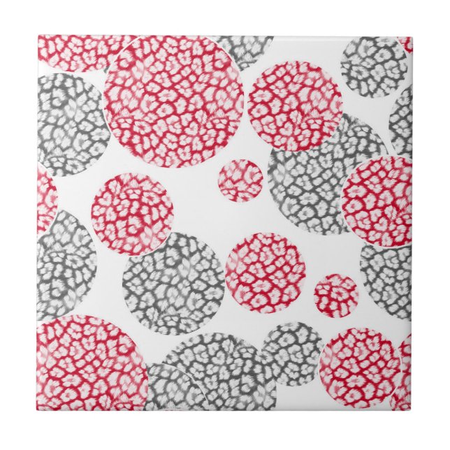  Circles with grey and red leopard skin print  Tile (Front)