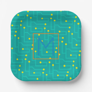 Circuit Board blue yellow orange Initial Kids Fun Paper Plate