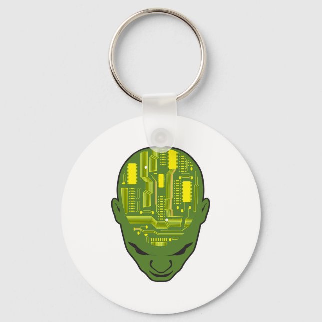 circuit board brain head yellow and green key ring (Front)