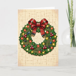 Circuit Board Christmas Wreath with Ribbon Cable B Holiday Card