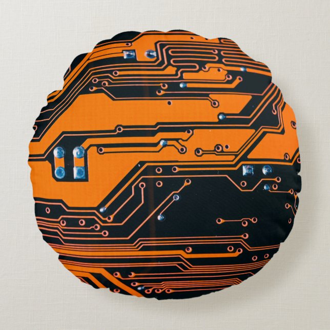 Circuit board. Electronic computer hardware techno Round Cushion (Front)