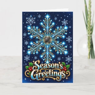 Circuit Board Snowflake with Glowing Blue Microchi Holiday Card